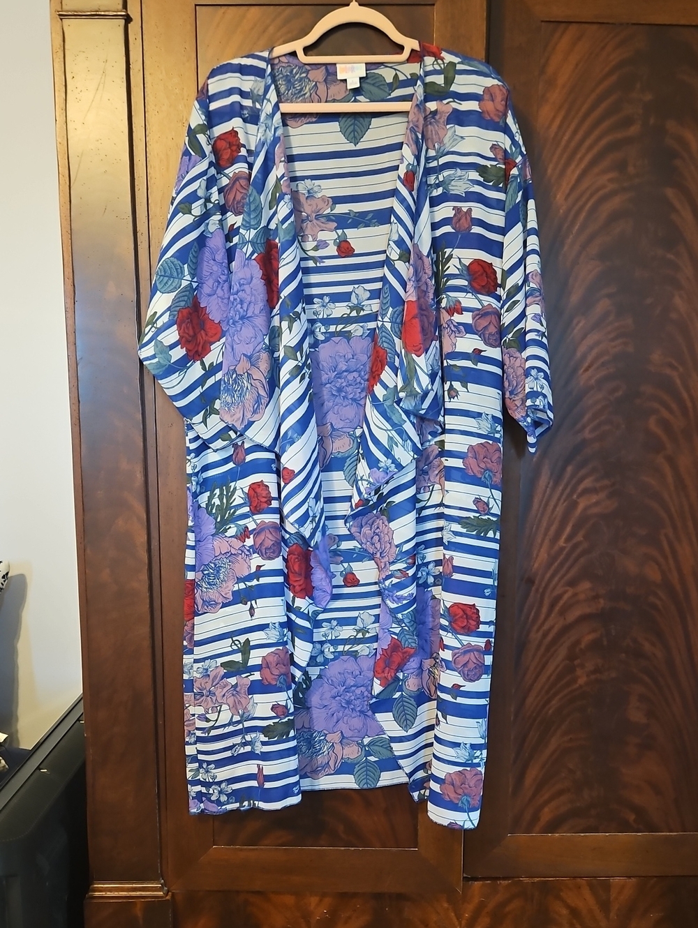 LuLaRoe -  Blue White Striped Kimono with Red & Purple Floral Print - Size Large